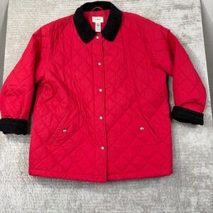 LL Bean Red Quilted Barn Jacket Womens Large Corduroy Trim Thermore OHJ05
